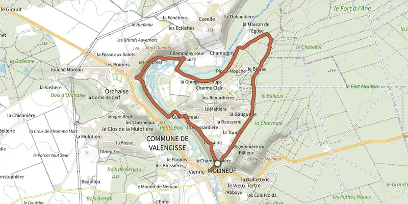 Carte du tracé de Circuit de Coquine sur le Plan IGN, départ et points de passage numérotés