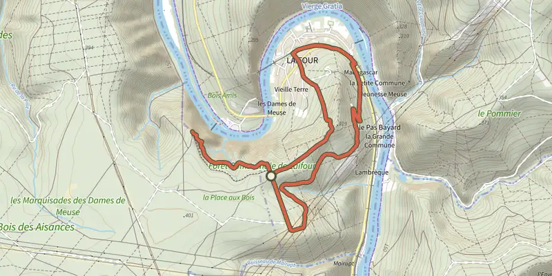 Carte du tracé de Les Dames de la Meuse sur le Plan IGN, départ et points de passage numérotés