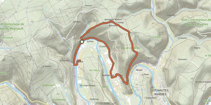 Map of the Quand une Crête devient Rempart track on the IGN map, with the start and numbered waypoints