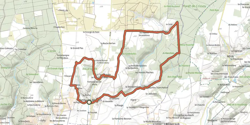 Carte du tracé de Lavoirs et Collégiales des Roches Tranchelion sur le Plan IGN, départ et points de passage numérotés