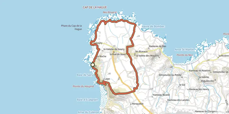 Carte du tracé de Le Cap de la Hague sur le Plan IGN, départ et points de passage numérotés