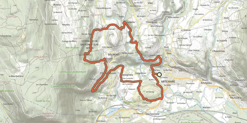 Carte du tracé de Les Gorges de Thurignin sur le Plan IGN, départ et points de passage numérotés