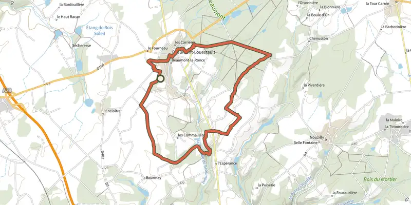 Carte du tracé de Plateau de la Forêt - Beaumont-la-Ronce sur le Plan IGN, départ et points de passage numérotés