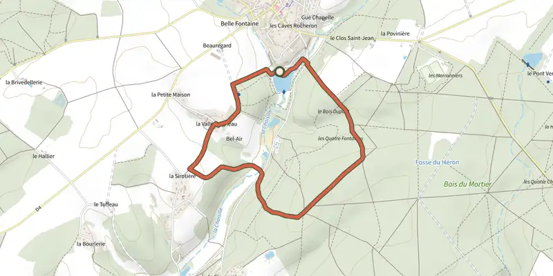 Map of the Balade de l'Étang - Nouzilly track on the IGN map, with the start and numbered waypoints