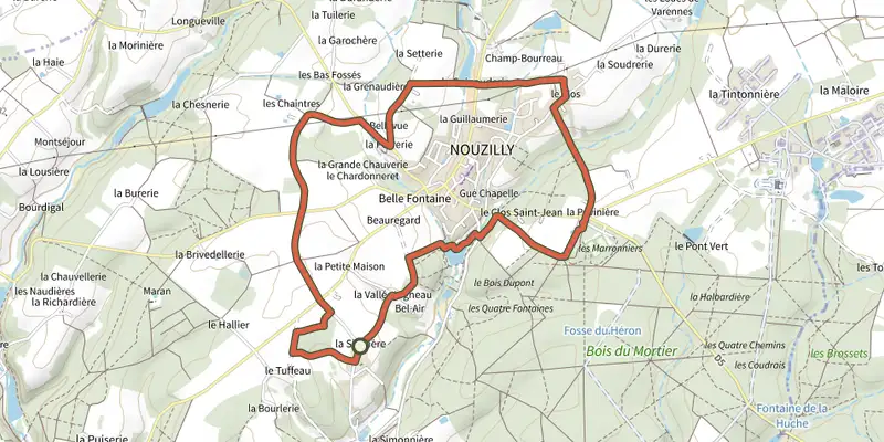 Carte du tracé de Autour du Village - Nouzilly sur le Plan IGN, départ et points de passage numérotés