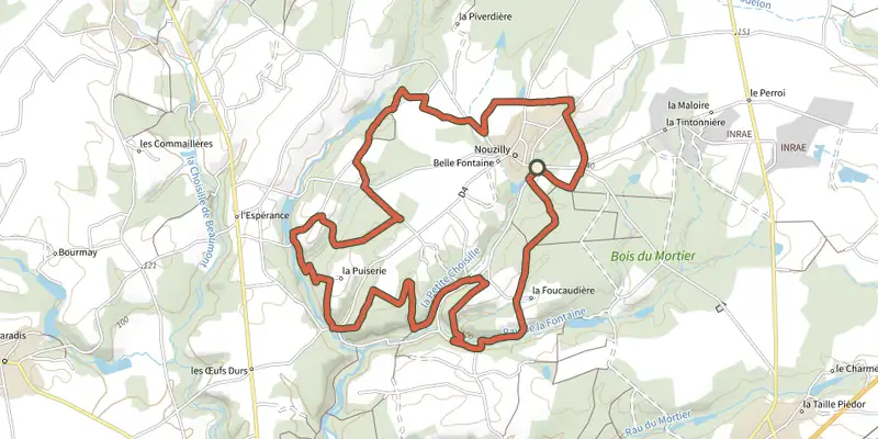 Carte du tracé de Circuit des Orchidées - Nouzilly sur le Plan IGN, départ et points de passage numérotés