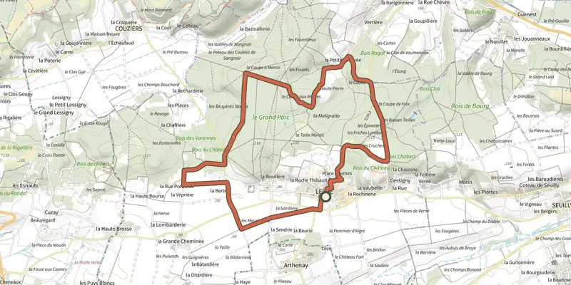 Carte du tracé de Découvrir Lerné sur le Plan IGN, départ et points de passage numérotés