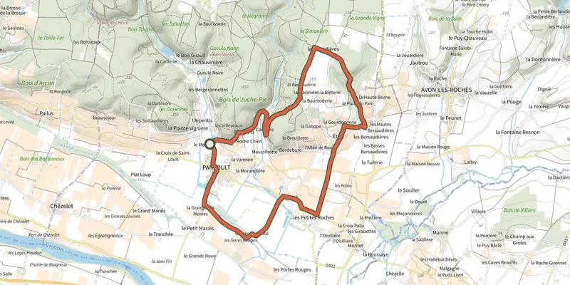 Map of the Entre Bois de Juche-Pie et Vignobles des Folies - Panzoult track on the IGN map, with the start and numbered waypoints