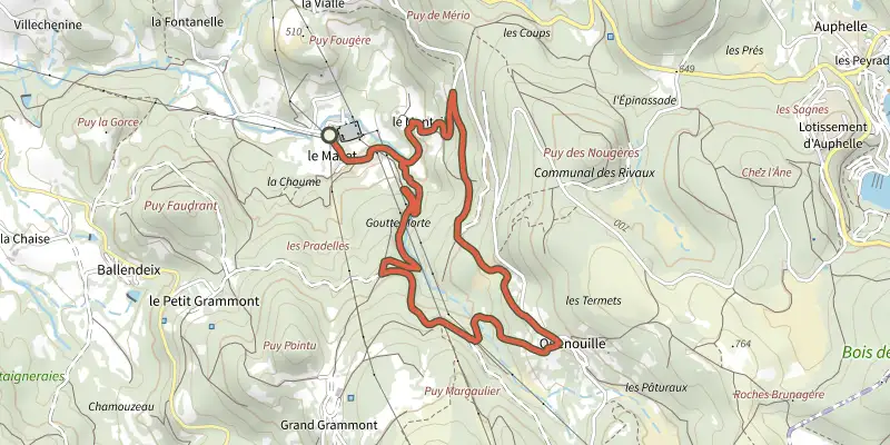 Map of the Le Ruisseau des Moulins track on the IGN map, with the start and numbered waypoints