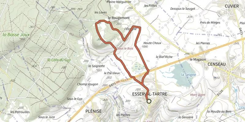 Map of the Sentier de la Frête Arbey track on the IGN map, with the start and numbered waypoints