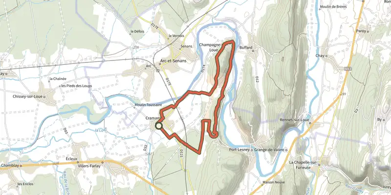 Map of the Pays, Paysans, Paysages track on the IGN map, with the start and numbered waypoints