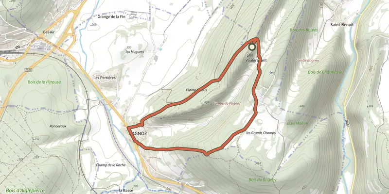 Carte du tracé de Vestiges et Reliefs sur le Plan IGN, départ et points de passage numérotés