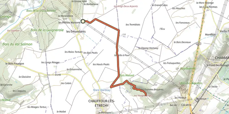 Map of the Hespérides à Héliomonde track on the IGN map, with the start and numbered waypoints
