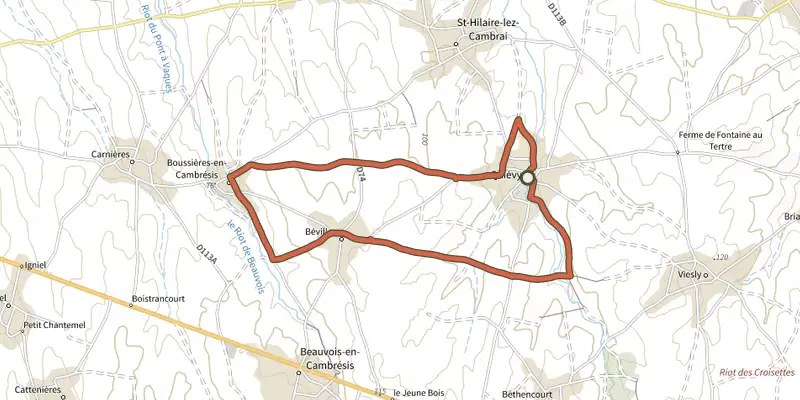 Carte du tracé de Autour de Quievy sur le Plan IGN, départ et points de passage numérotés