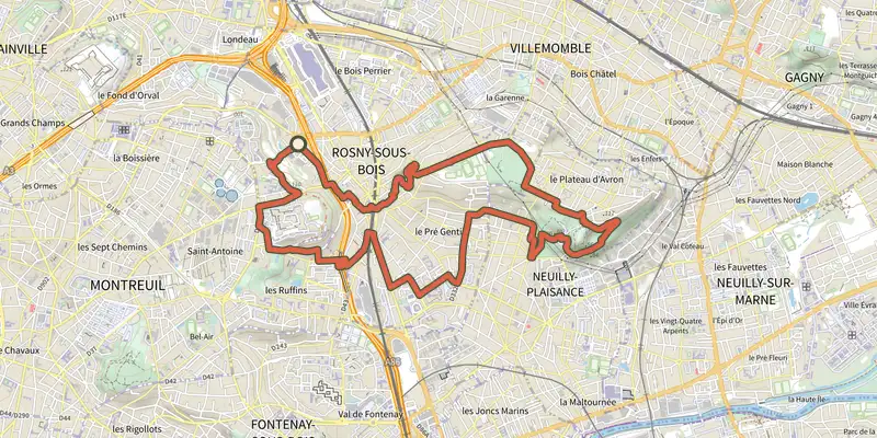 Map of the Le circuit de Rosny sous Bois track on the IGN map, with the start and numbered waypoints