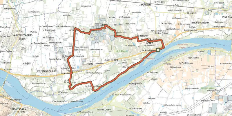 Carte du tracé de L’Île Bourdon - Chouzé-sur-Loire sur le Plan IGN, départ et points de passage numérotés