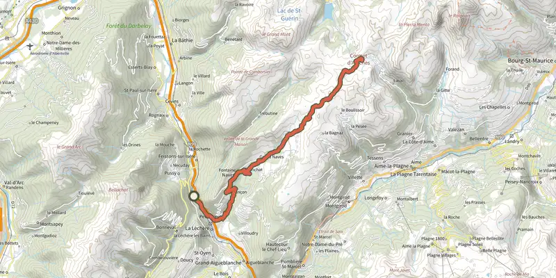 Map of the Grand Tour de Tarentaise 1. La Léchère -> La Coire track on the IGN map, with the start and numbered waypoints