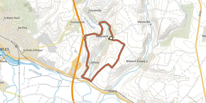 Carte du tracé de Les Hauts de Tubersent sur le Plan IGN, départ et points de passage numérotés