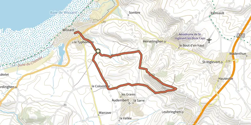 Carte du tracé de Les Hauteurs de Wissant sur le Plan IGN, départ et points de passage numérotés