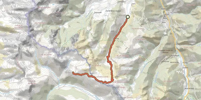 Map of the Chemin de la Liberté par la Cuarde asp121 track on the IGN map, with the start and numbered waypoints