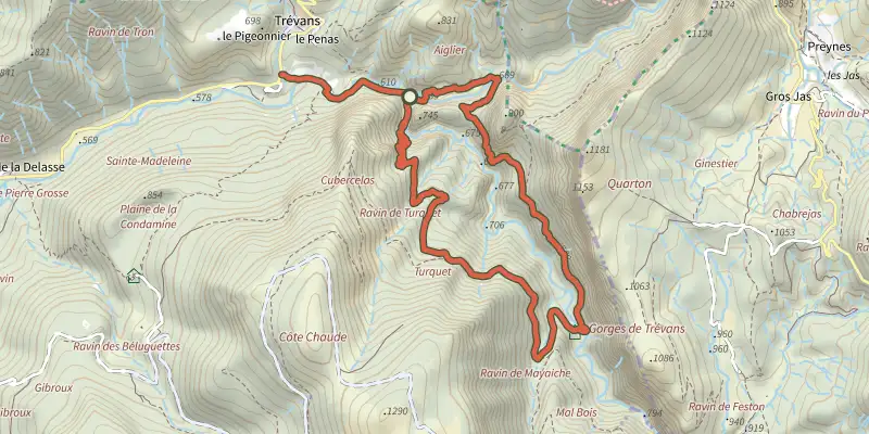Carte du tracé de Sentier de Valbonnette sur le Plan IGN, départ et points de passage numérotés