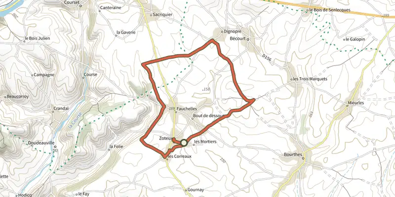Carte du tracé de Les Sept Voies sur le Plan IGN, départ et points de passage numérotés