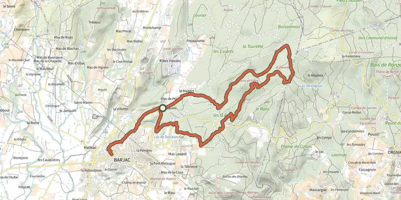 Carte du tracé de Dolmens et capitelles sur le Plan IGN, départ et points de passage numérotés
