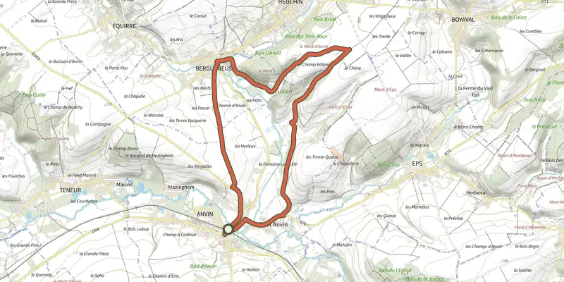 Carte du tracé de Sentier Le Bliot sur le Plan IGN, départ et points de passage numérotés