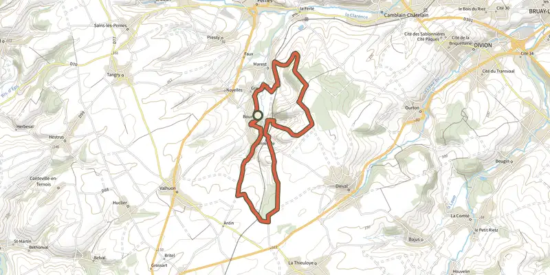 Carte du tracé de Sentier du Donjon sur le Plan IGN, départ et points de passage numérotés