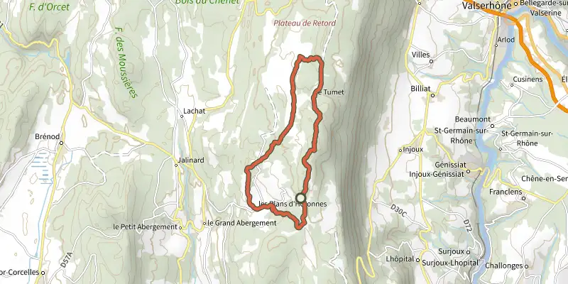 Carte du tracé de Le Tour de Retord sur le Plan IGN, départ et points de passage numérotés