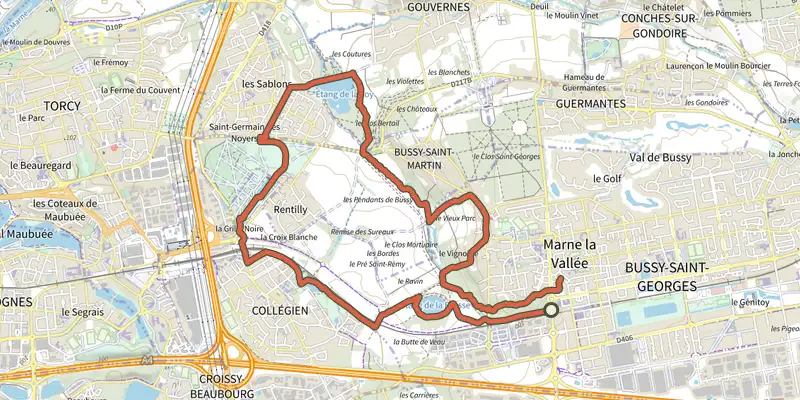 Map of the Vallée de la Brosse track on the IGN map, with the start and numbered waypoints
