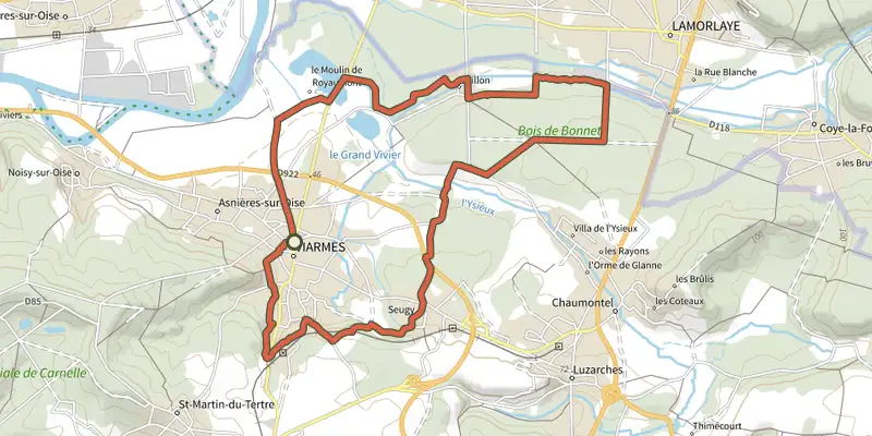 Carte du tracé de L’eau des moines sur le Plan IGN, départ et points de passage numérotés
