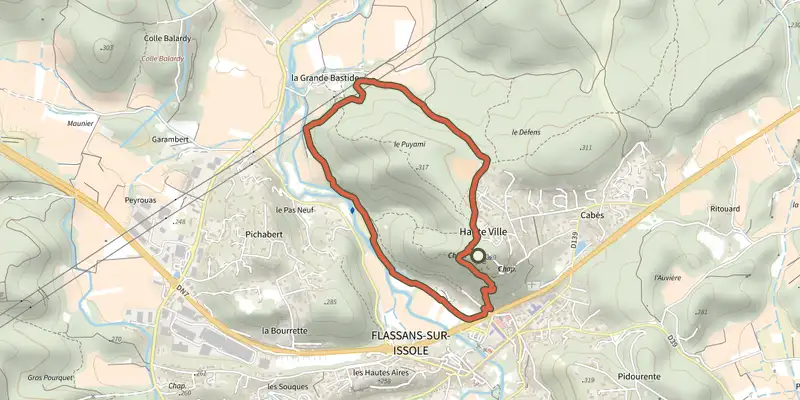 Carte du tracé de Château des Pontevès sur le Plan IGN, départ et points de passage numérotés