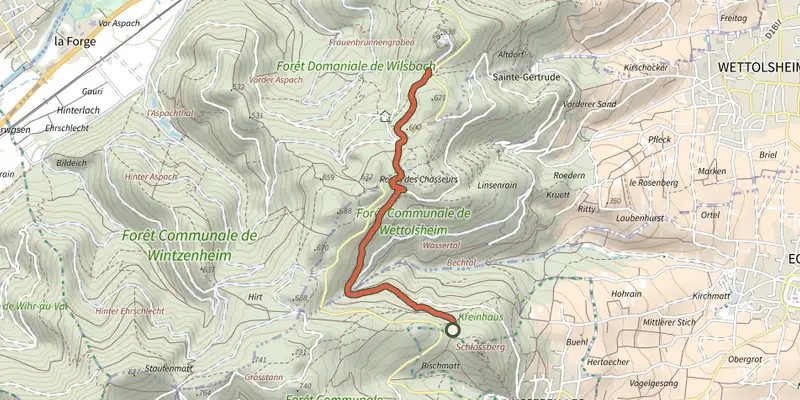 Carte du tracé de Sur les traces de l'écureuil sur le Plan IGN, départ et points de passage numérotés