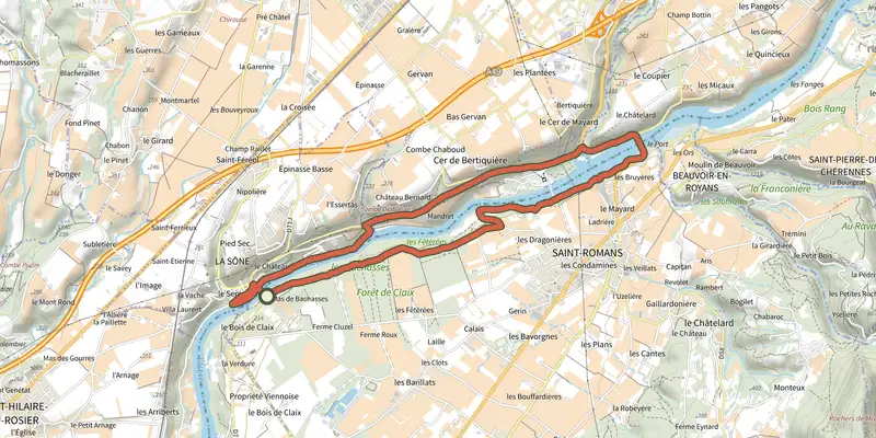 Map of the Le sentier du martin pêcheur track on the IGN map, with the start and numbered waypoints