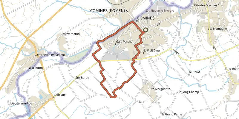 Map of the Circuit des Tilleuls track on the IGN map, with the start and numbered waypoints