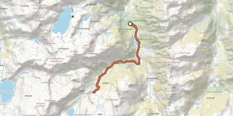 Map of the Lac de Suyen et refuge de Larribet track on the IGN map, with the start and numbered waypoints