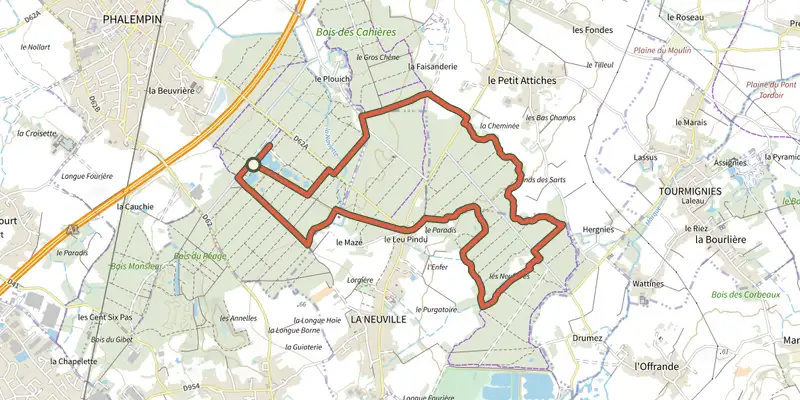 Carte du tracé de Circuit de Phalempin sur le Plan IGN, départ et points de passage numérotés