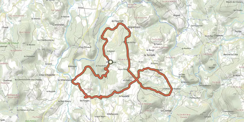Map of the Le circuit duPuy-Pointu track on the IGN map, with the start and numbered waypoints