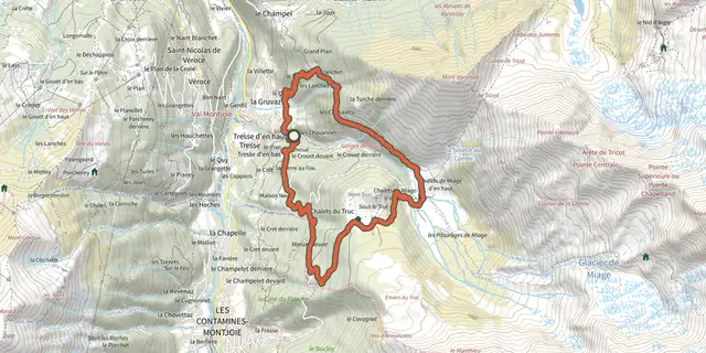 Tracé de La Gruvaz - Le Truc - Alpage de Miage sur le Plan IGN