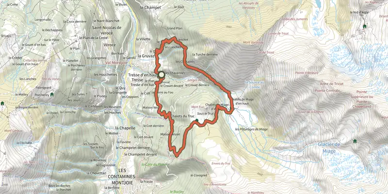 Carte du tracé de La Gruvaz - Le Truc - Alpage de Miage sur le Plan IGN, départ et points de passage numérotés