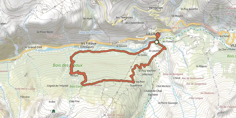 Carte du tracé de Le Bois des Fréaux sur le Plan IGN, départ et points de passage numérotés