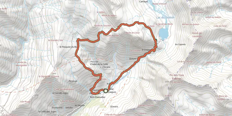 Map of the Le Lac du Goléon par le Cruq des Aiguilles track on the IGN map, with the start and numbered waypoints