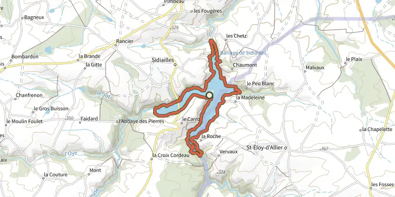 Carte du tracé de Sentier du Lac de Sidailles sur le Plan IGN, départ et points de passage numérotés