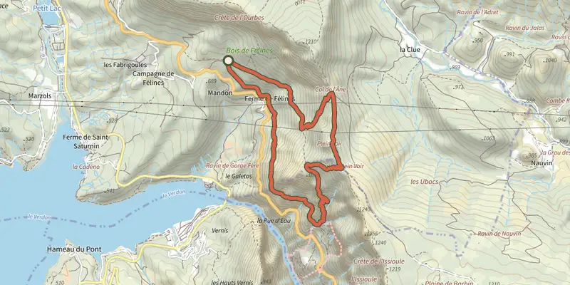 Carte du tracé de Au Sud du Col de l'Âne sur le Plan IGN, départ et points de passage numérotés