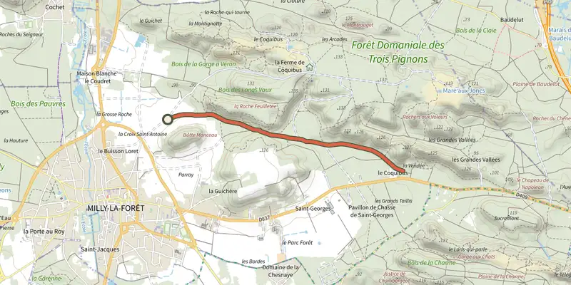 Carte du tracé de chemin de Rumont sur le Plan IGN, départ et points de passage numérotés