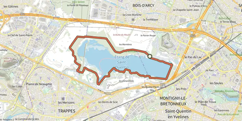 Map of the Tour du lac track on the IGN map, with the start and numbered waypoints