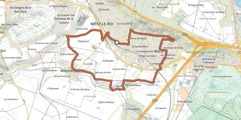 Carte du tracé de Le sentier des Gondi sur le Plan IGN, départ et points de passage numérotés