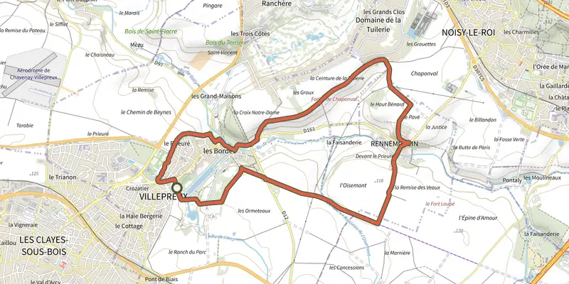 Carte du tracé de Le sentier de Saint-Vincent de Paul sur le Plan IGN, départ et points de passage numérotés