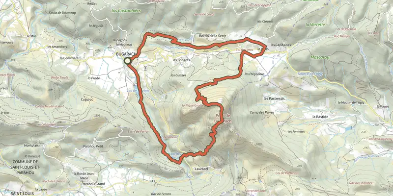 Map of the Le Pech de Bugarach track on the IGN map, with the start and numbered waypoints